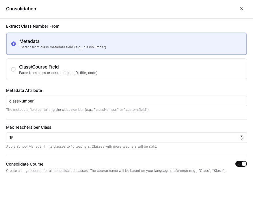 Consolidation Settings - Metadata